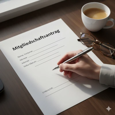 Person füllt Mitgliedsantrag von BEHÖRDENBLICK aus – Formular mit persönlichen Angaben auf Holztisch