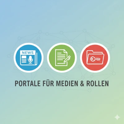 Drei Symbole nebeneinander: Zeitung mit Mikrofon, Dokument mit Stift, Aktenordner mit Schlüssel – Portale für Medien & Rollen