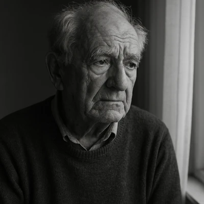 Porträt eines 86-jährigen Mannes mit nachdenklichem Blick am Fenster, Symbol für Würde und Verletzlichkeit.