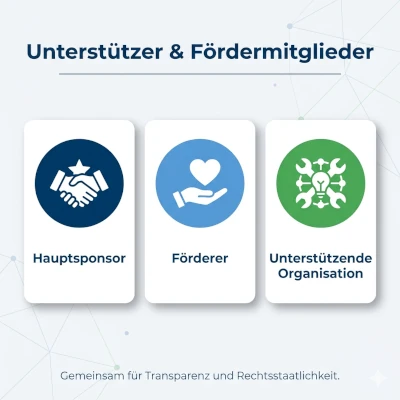 Grafik mit drei Kategorien der Unterstützung: Hauptsponsor mit Handschlag‑Icon, Förderer mit Herz‑Hand‑Icon und unterstützende Organisation mit Werkzeug‑Glühbirnen‑Symbol. Überschrift „Unterstützer & Fördermitglieder“, unten der Satz „Gemeinsam für Transparenz und Rechtsstaatlichkeit“.