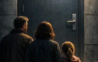 Symbolbild einer KESB‑Tür mit Familie im Schatten – fehlende Kontrolle.